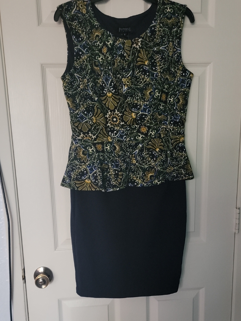 Enfocus Studio Black Pencil Skirt with Olive & Gold Patterned Peplum Top